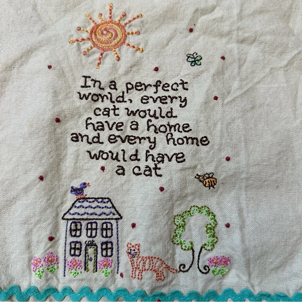 Natural Life Cat Embroidered Pom Pom Trim Linen Hand Towel
